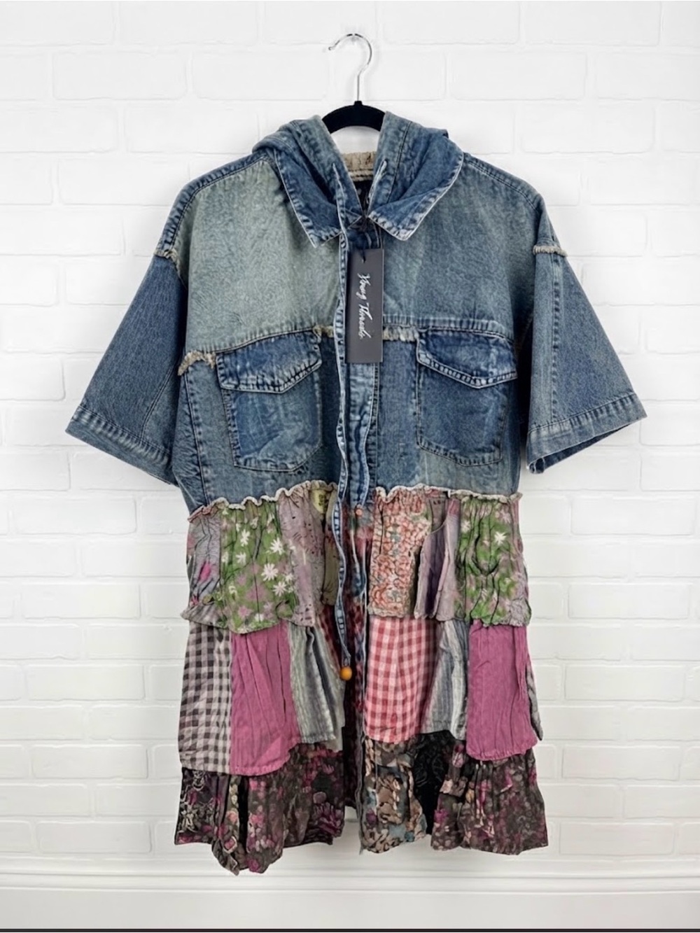 Young Threads NWT Denim Hooded Boho Shirt with Mixed Patchwork Ruffles Size L - Picture 6 of 13